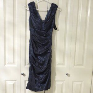 LE CHATEAU navy blue shimmery satin ruched cocktail party midi dress